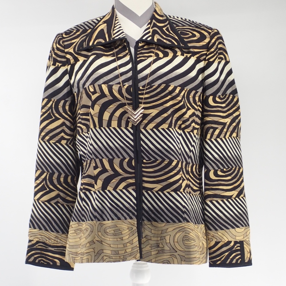 ANNE CRIMMINS for UMI COLLECTIONS Silk Jacket Black Gold Womens Blazer Sz 12 VTG